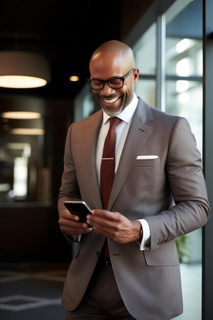 un homme en costume regarde son téléphone portable