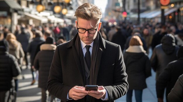 Photo un homme en costume regarde son téléphone