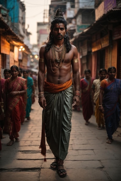 un homme en costume religieux dans la rue de l'Inde