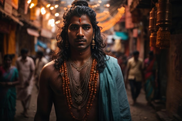 un homme en costume religieux dans la rue de l'Inde