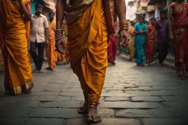 un homme en costume religieux dans une rue de l'Inde