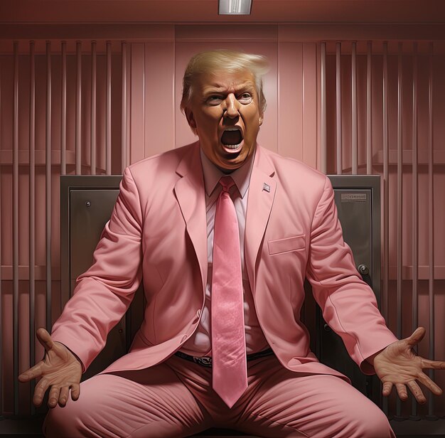 un homme en costume rose est assis sur une chaise