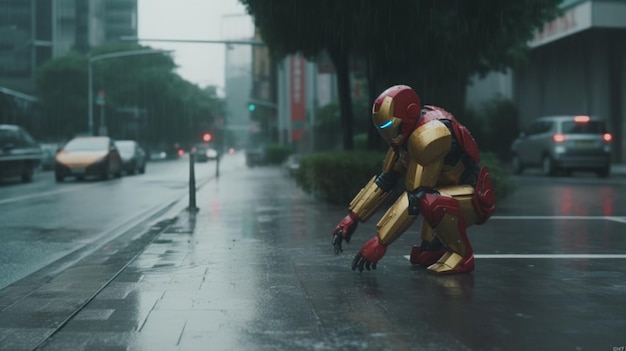 Un homme en costume rouge et blanc se tient sous la pluie dans une rue de la ville.