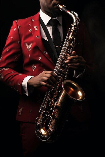 un homme en costume rouge jouant du saxophone