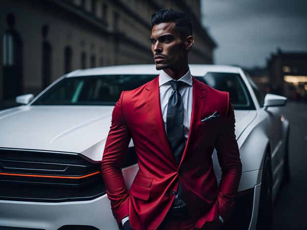 Un homme en costume rouge se tient devant une Dodge Charger blanche.
