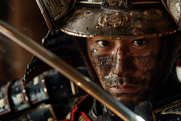 Un homme en costume de samouraï tenant une épée