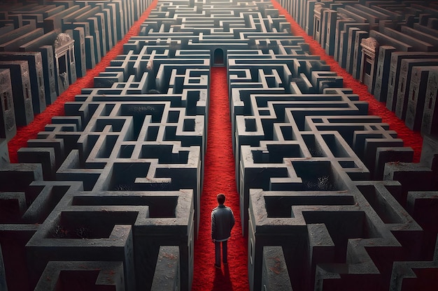 Un homme en costume se tient dans un labyrinthe avec un tapis rouge au sol.