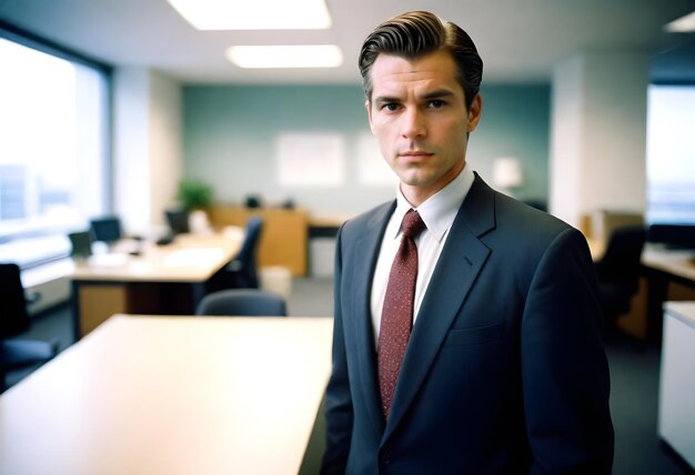 Photo un homme en costume se tient devant un bureau avec un signe dessus