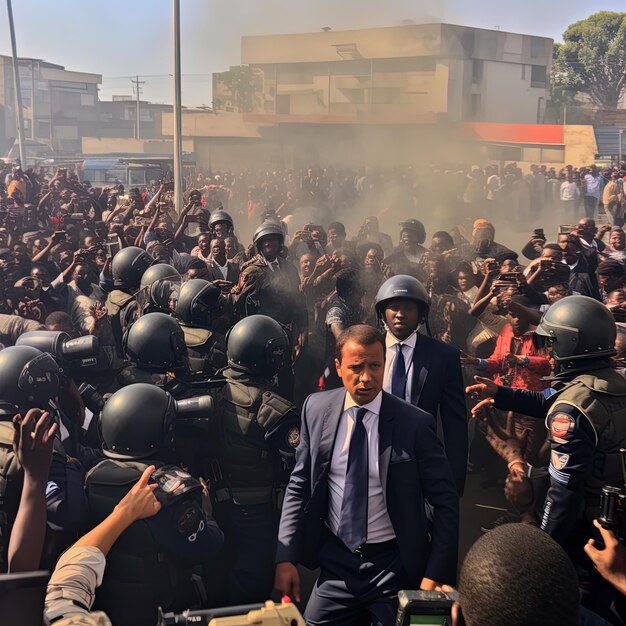 Photo un homme en costume se tient devant une foule de manifestants