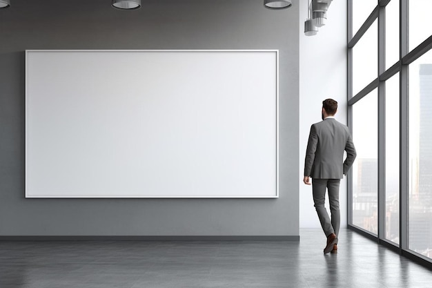 un homme en costume se tient devant une grande affiche