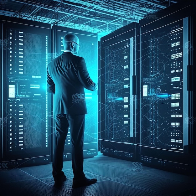 Un homme en costume se tient devant une salle de serveurs avec les mots " the word data " sur l'écran.