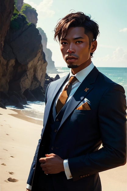 Photo un homme en costume se tient sur une plage avec l'océan en arrière-plan.