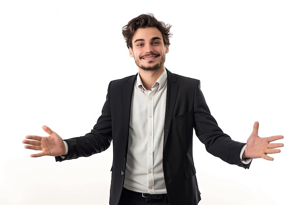 un homme en costume avec ses mains ouvertes en l'air