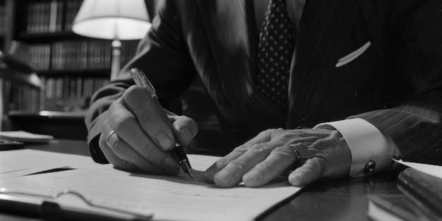 Photo un homme en costume signant un document adapté aux concepts commerciaux et juridiques