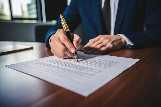 Un homme en costume signant un document juridique avec un stylo