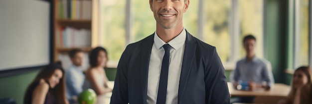 un homme en costume sourit à la caméra.