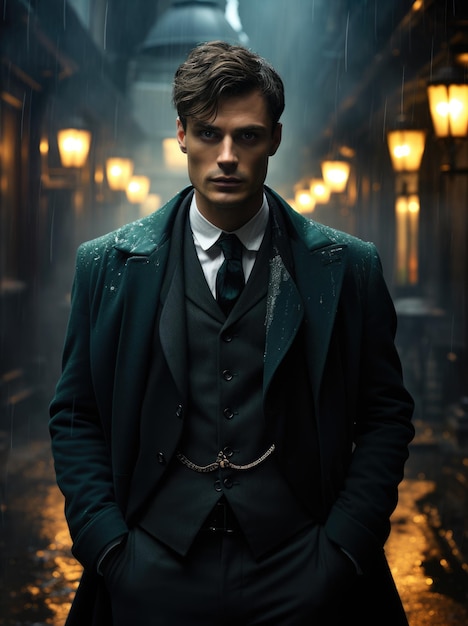 Homme en costume de style gang Peaky Blinders à l'ancienne rétro élégant