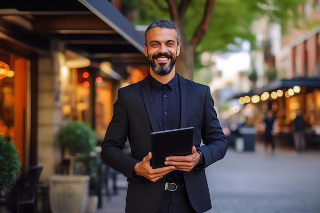 Un homme en costume avec une tablette dans les mains