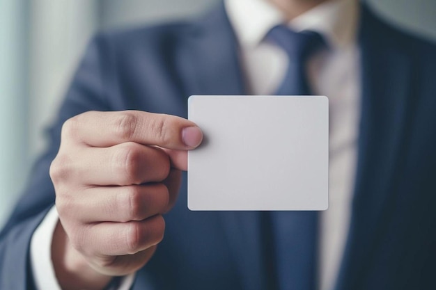 un homme en costume tenant une carte blanche