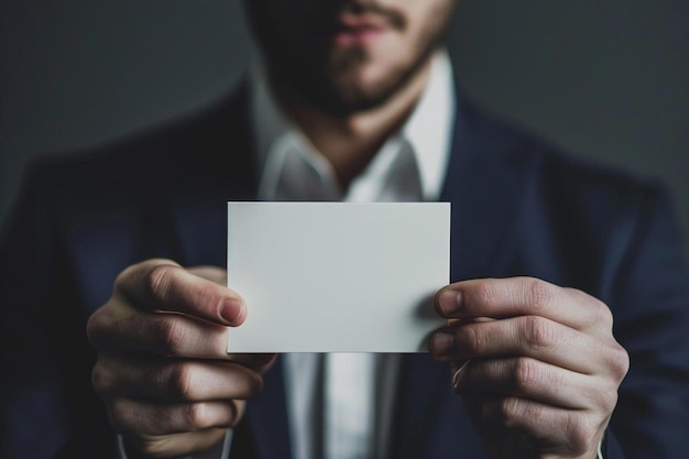 un homme en costume tenant une carte blanche.