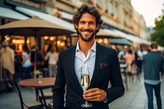 Un homme en costume tenant une coupe de champagne