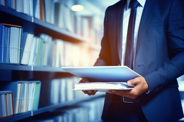 Un homme en costume tenant un dossier dans une bibliothèque