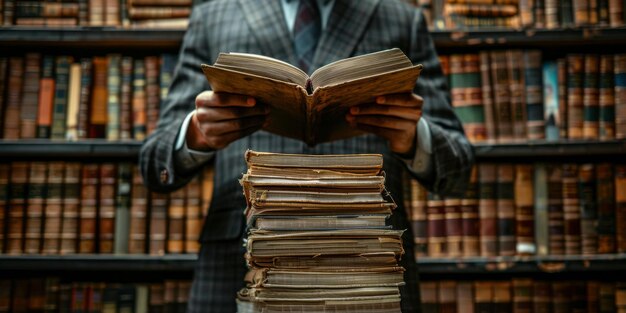 Un homme en costume tenant un livre ouvert avec une pile de vieux livres devant lui