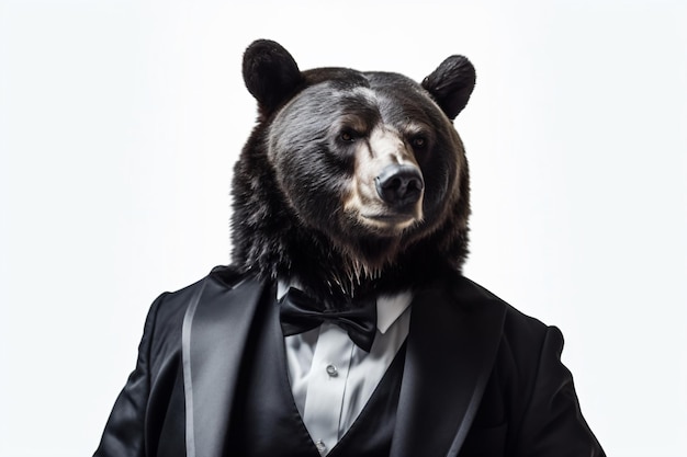 un homme en costume avec une tête d'ours sur la tête