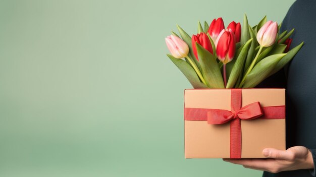 Un homme en costume tient un bouquet de tulipes et une carte blanche.