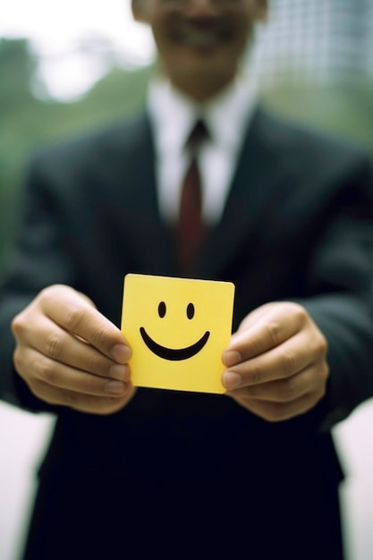 Un homme en costume tient une carte avec un emoji Généré par AI