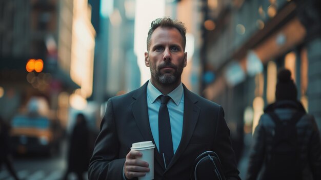 Photo l'homme en costume tient une tasse de café en marchant dans la voiture du bâtiment du bureau de la ville