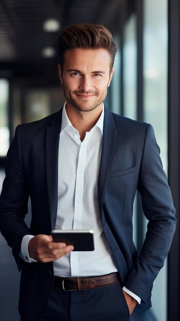 un homme en costume tient un téléphone intelligent