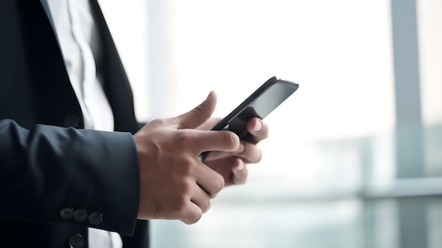 Un homme en costume tient un téléphone à la main.