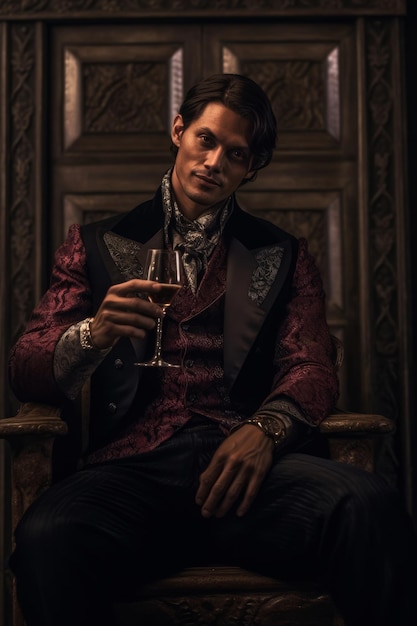 Un homme en costume et un verre de vin est assis sur une chaise.