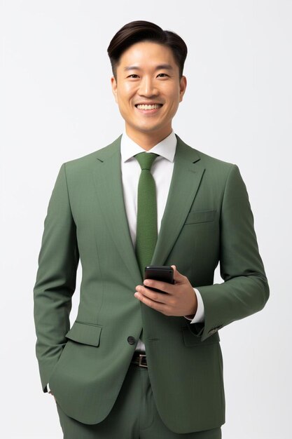 Photo un homme en costume vert avec un téléphone à la main