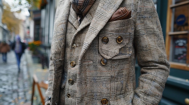 Photo un homme en costume avec une veste brune et un foulard brun sur le devant