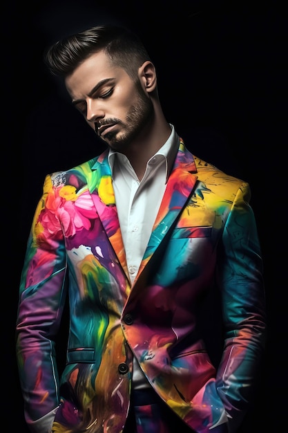 Un homme en costume avec une veste colorée et une chemise blanche.