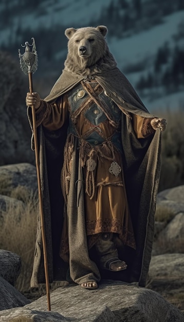 Un homme en costume viking se tient devant une montagne.