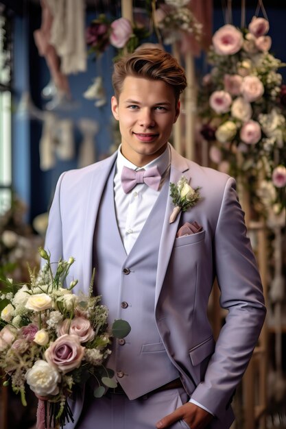 Un homme en costume violet avec un bouquet de fleurs