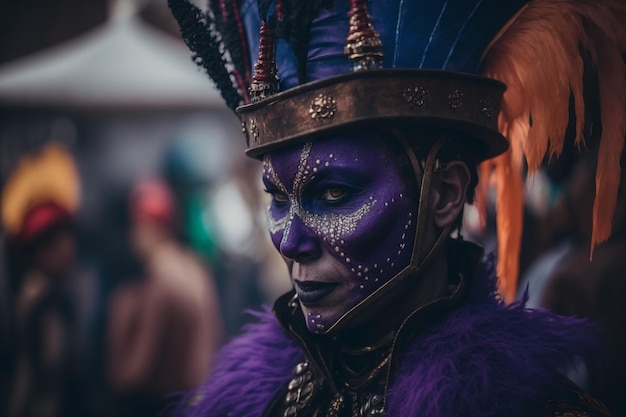 Un homme en costume violet avec un visage violet et des plumes violettes sur la tête se tient dans une foule.