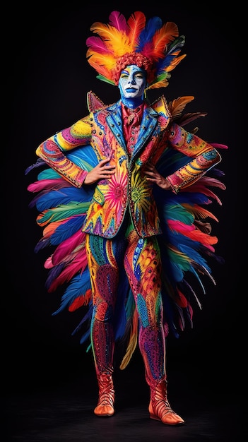 Un homme en costume avec un visage peint en arc-en-ciel et une plume de couleur arc-en-ciel sur sa veste.