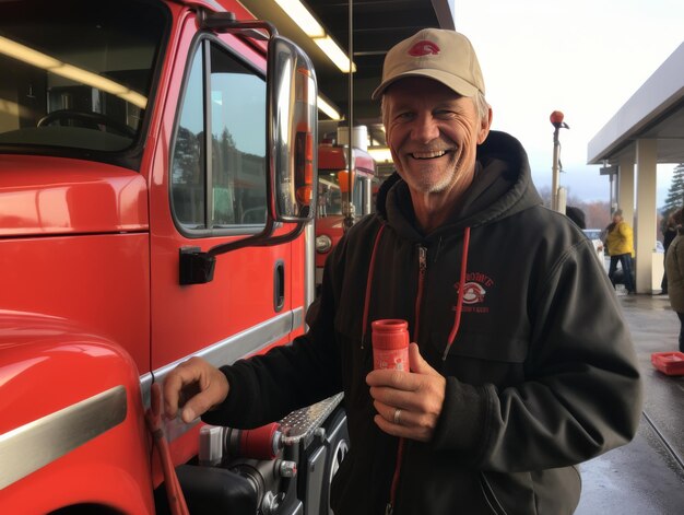 L'homme à côté du camion de pompiers rouge