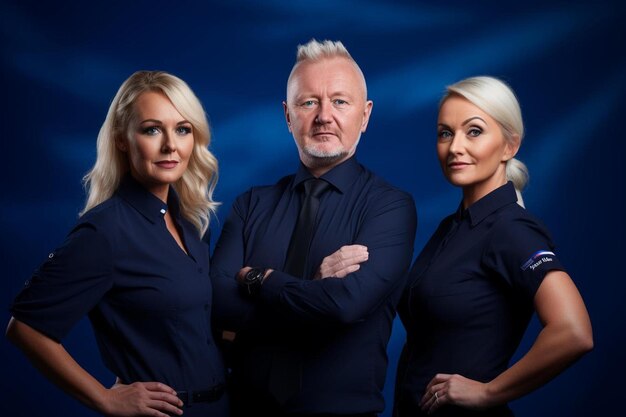 un homme avec une coupe de cheveux blanche et trois femmes debout devant un fond bleu