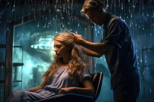Un homme coupe les cheveux d'une femme sous la pluie Une beauté pratique dans des conditions inhabituelles Un coiffeur coupe les yeux d'une jeune femme dans un salon de beauté