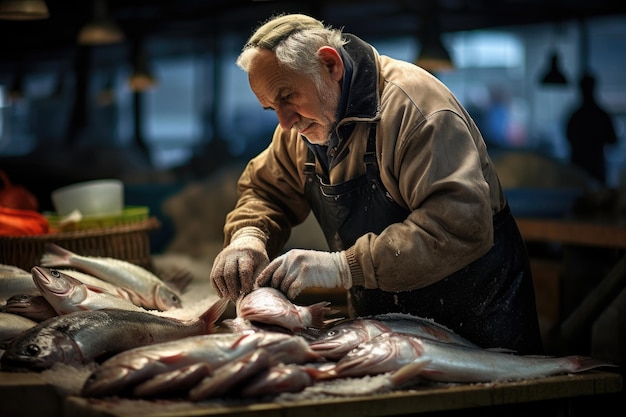 Un homme coupe habilement un poisson sur une table démontrant la technique appropriée pour préparer des fruits de mer frais. Un poissonnier cueillant du poisson sur le marché aux poissons AI généré