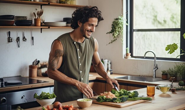 Photo un homme coupe des légumes sur une planche à couper dans une cuisine