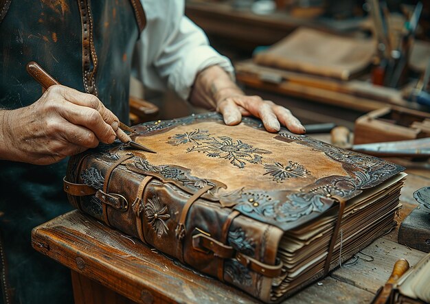 Photo un homme coupe un livre avec un couteau dessus