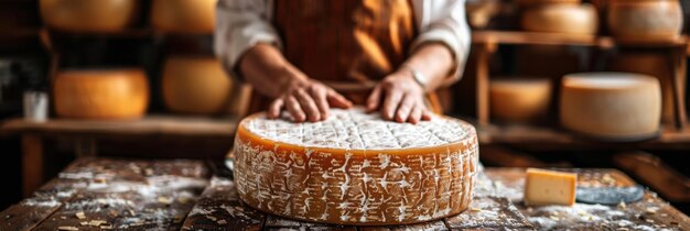 Un homme coupe un morceau de fromage sur une table en bois. La roue de fromage artisanale est soigneusement tranchée en petites portions.