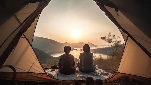 Un homme et un couple de dames abondantes apprécient dans leur tente au point de camping avec le matin pour commencer par la lumière voir la ressource créative générée par l'IA