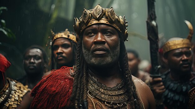 Photo un homme avec une couronne et une couronne se tient devant une foule de gens